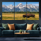 Bison in Mountain Landscape Wall Art Canvas Print, Western Decor