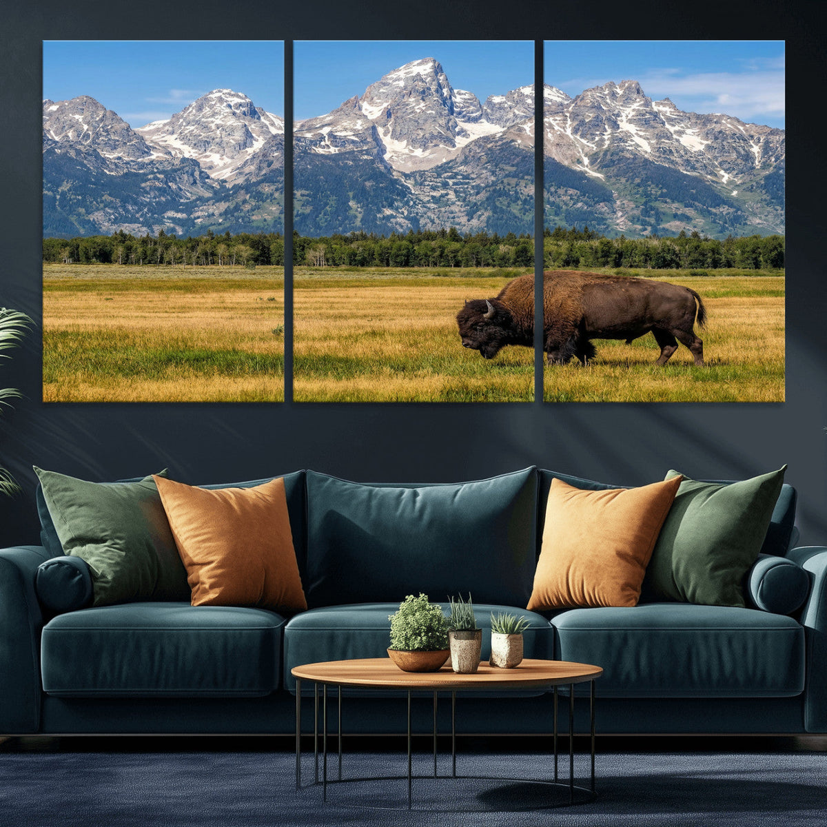 Bison in Mountain Landscape Wall Art Canvas Print, Western Decor