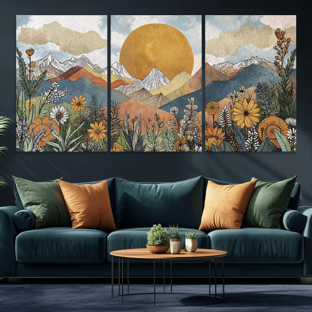 Boho Mountain Landscape Large Wall Art, Horizontal Gold Sun and Flowers Print