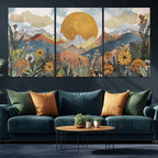 Boho Mountain Landscape Large Wall Art, Horizontal Gold Sun and Flowers Print