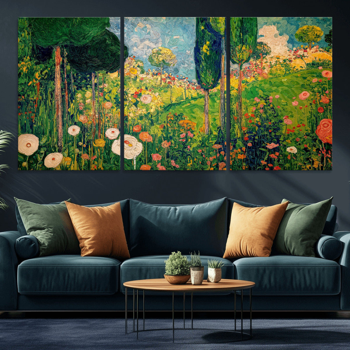 Gustav Klimt Boho Mountain Landscape Large Wall Art, Gold Sun and Flowers Print