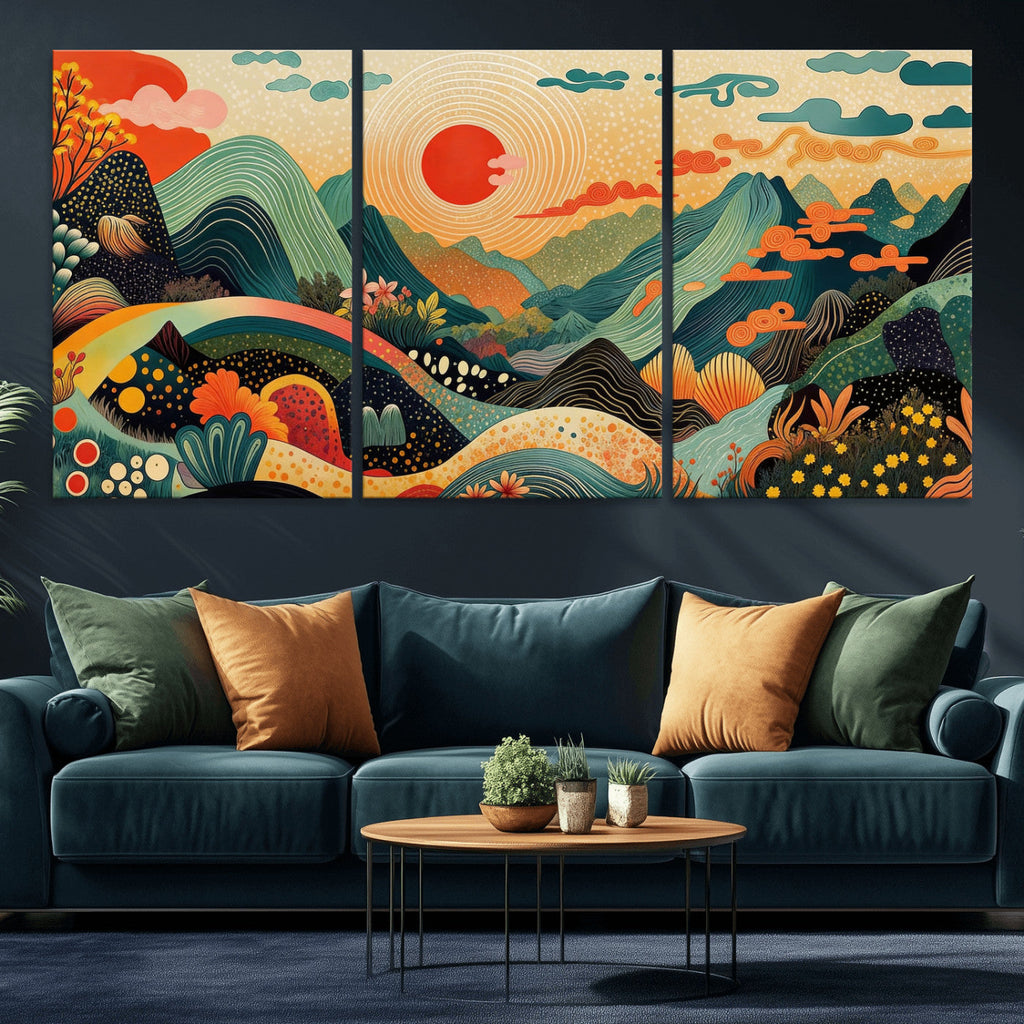 Yayoi Kusama Boho Mountain Landscape Large Wall Art, Gold Sun and Flowers Print
