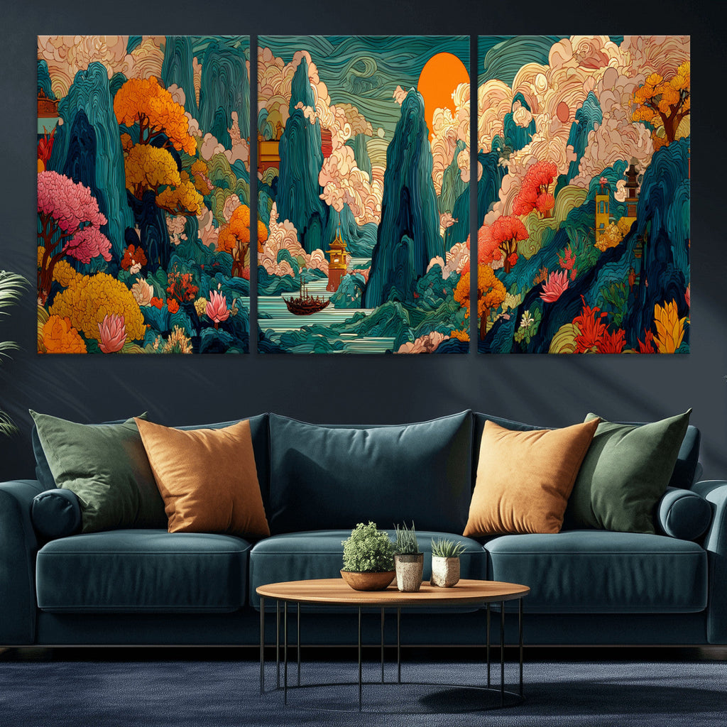 Colorful Japanese Landscape Print: Maximalist Panoramic Wall Art