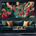 Colorful Japanese Landscape Print: Maximalist Panoramic Wall Art