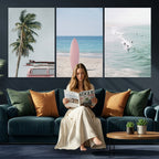 Surf Canvas Wall Art Set, Pink Surfboard VW Van Palm Tree