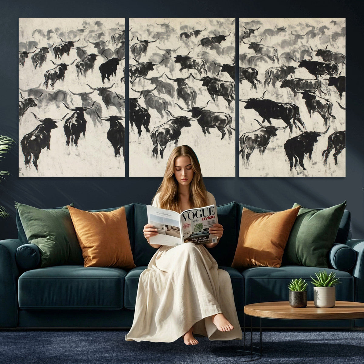 Longhorn Cattle Canvas Wall Art, Black White Stampede Ink