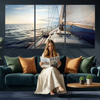 Sailboat Wall Art Canvas Print, Ocean Sunset Sailing Framed Artwork