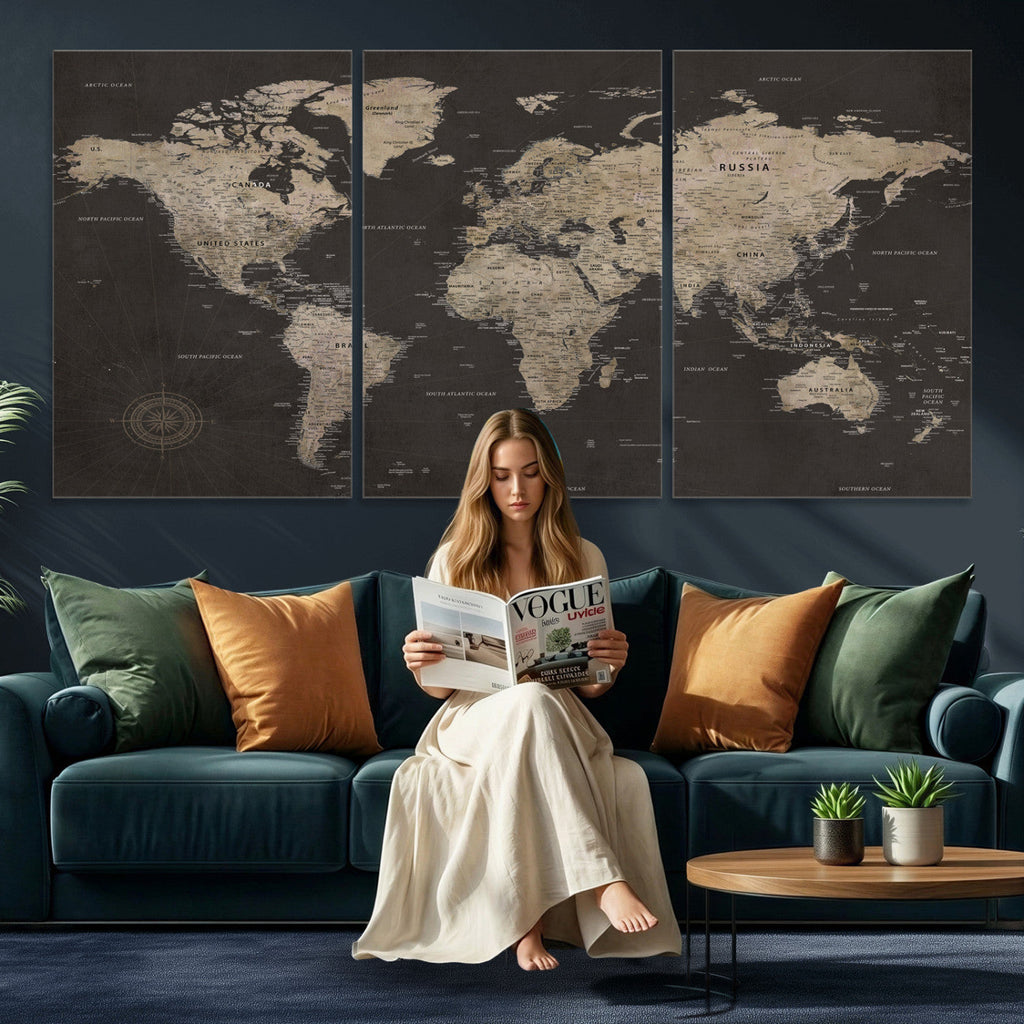 World Map Canvas Wall Art, Dark Charcoal and Antique Tan Detailed Map