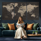 World Map Canvas Wall Art, Dark Charcoal and Antique Tan Detailed Map