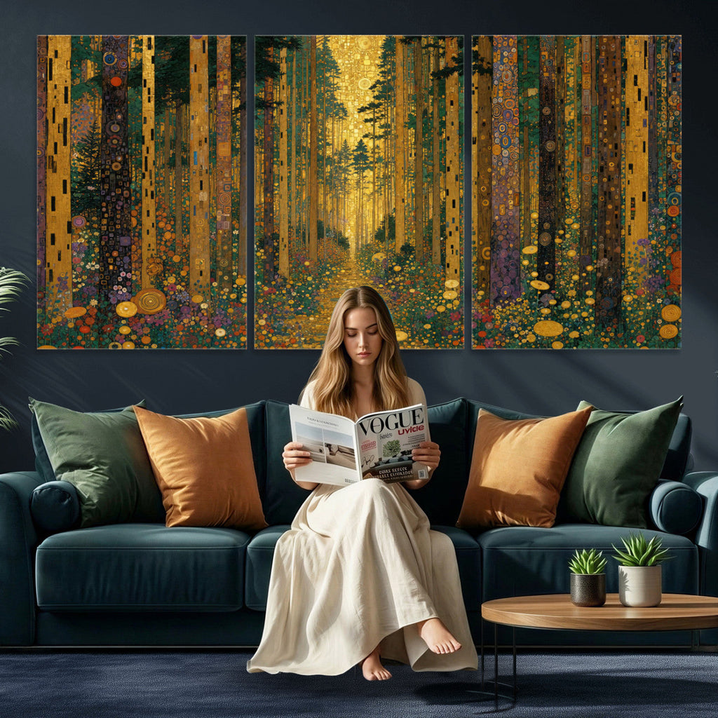 Gustav Klimt Style Forest Canvas Wall Art, Golden Forest Path Floral Art Nouveau Print