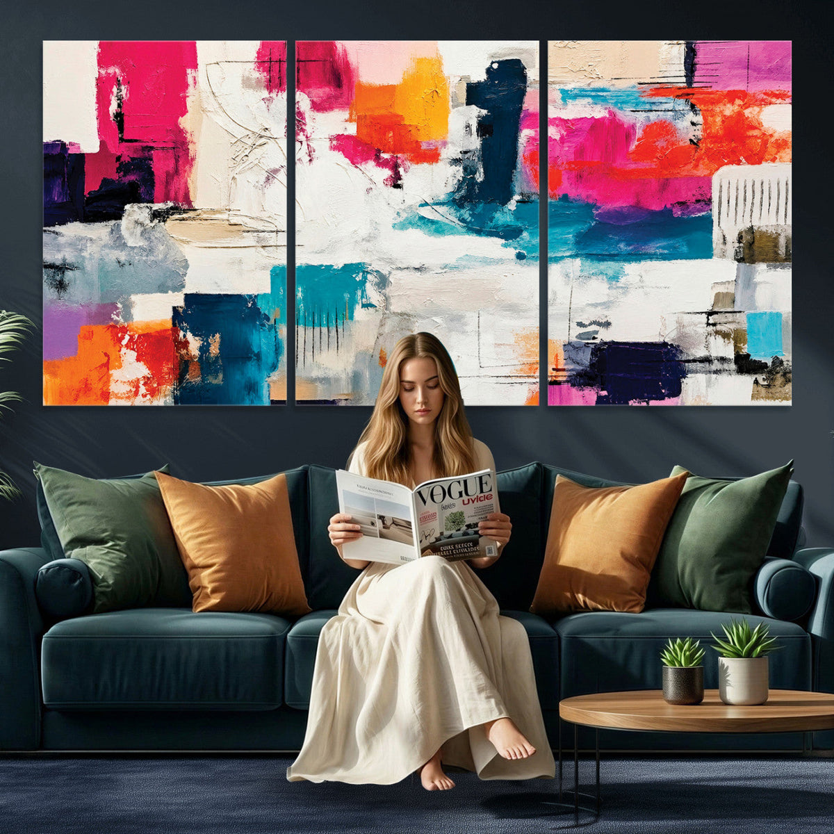 Blue Teal Abstract Canvas Wall Art, Modern Brushstroke Style Print, Navy Orange Contemporary Decor