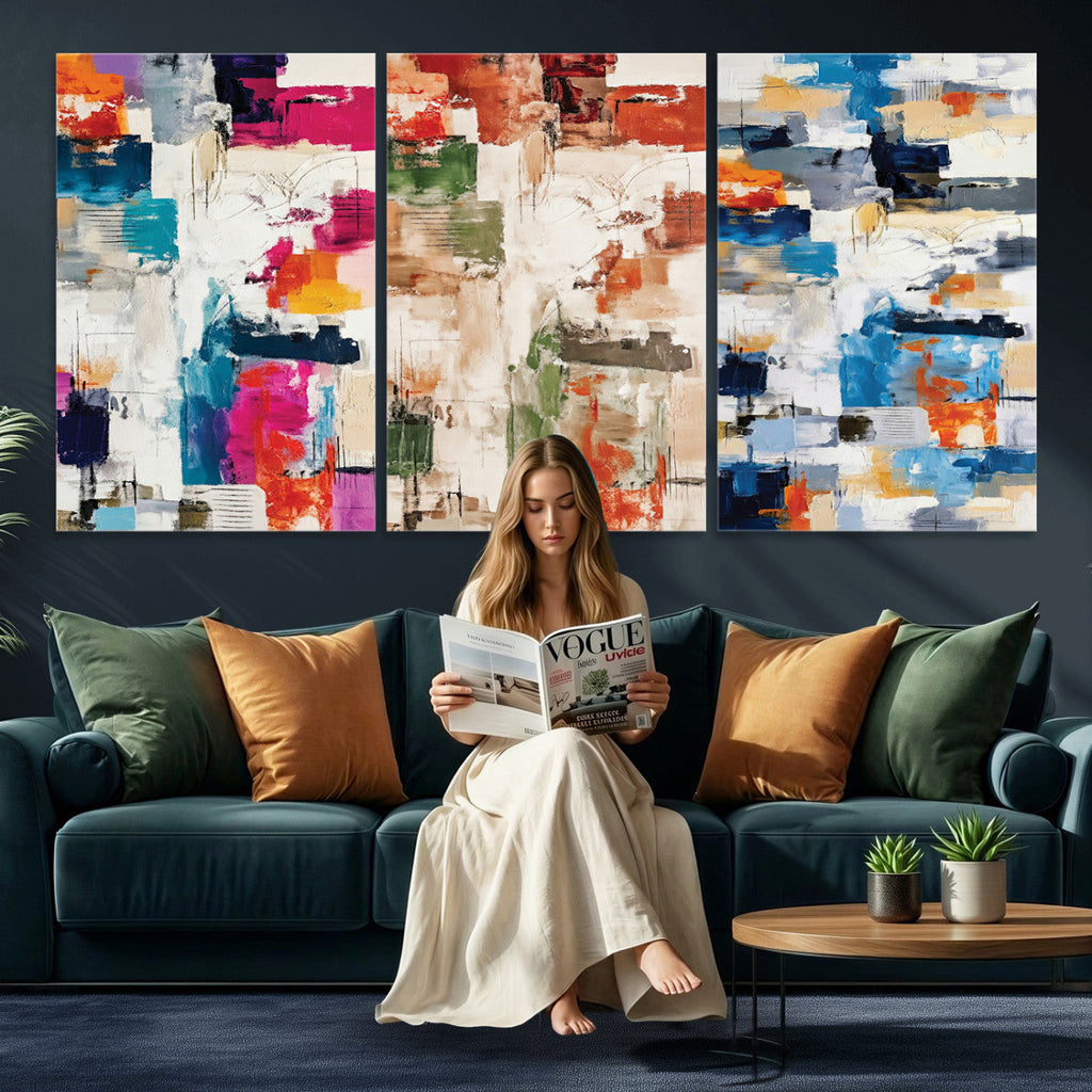 Blue Teal Abstract Canvas Wall Art, Modern Brushstroke Style Print, Navy Orange Contemporary Decor