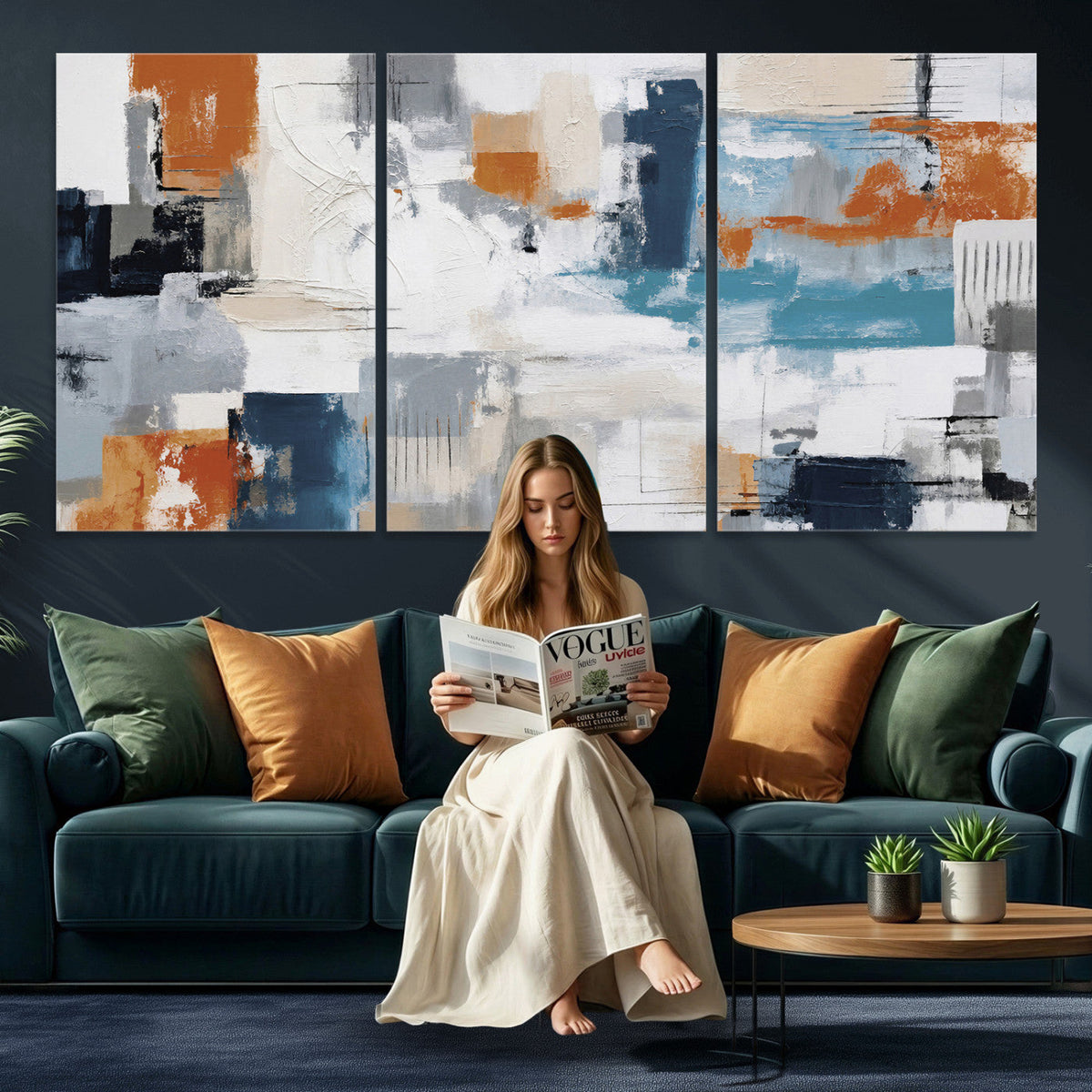 Blue Teal Abstract Canvas Wall Art, Modern Brushstroke Style Print, Navy Orange Contemporary Decor
