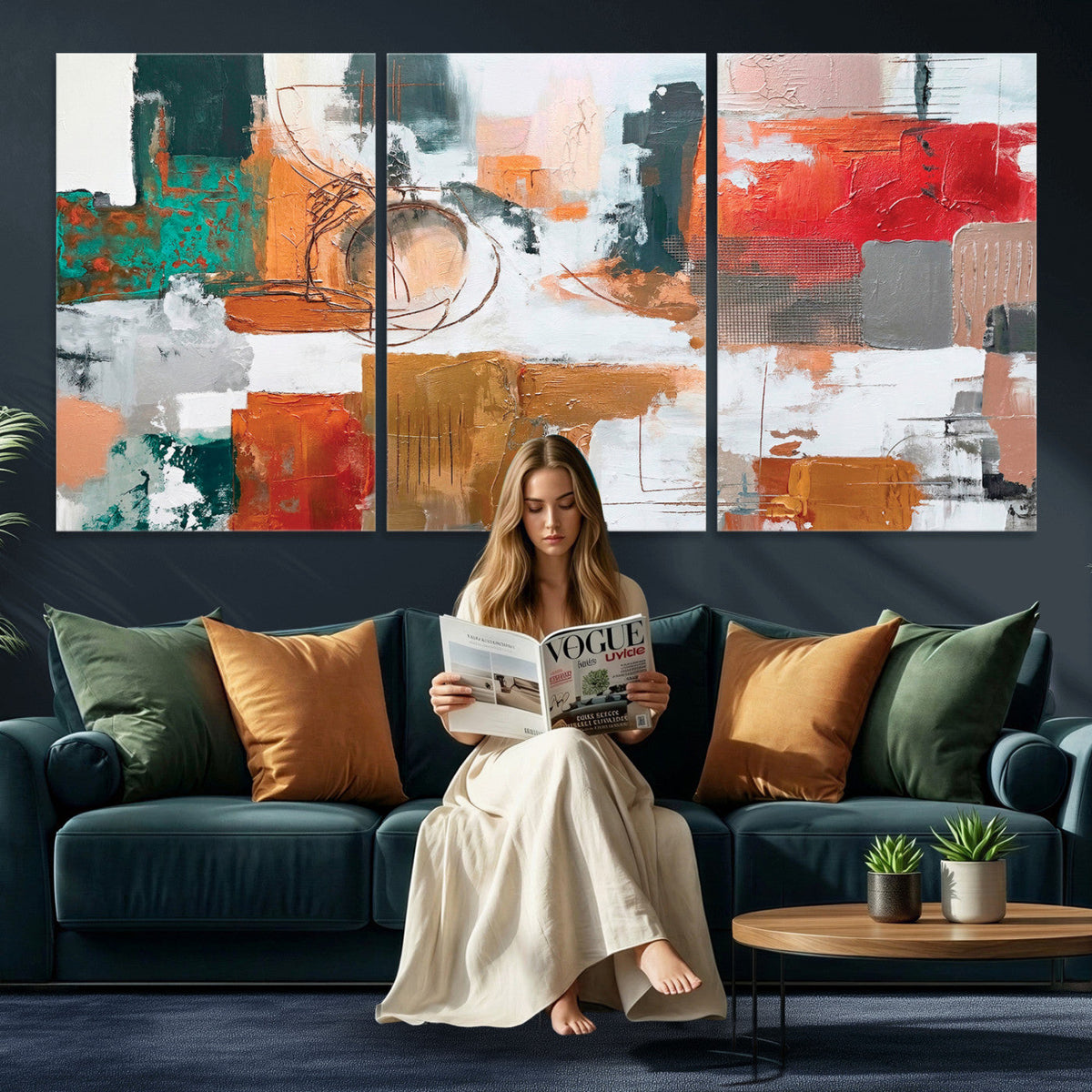 Blue Teal Abstract Canvas Wall Art, Modern Brushstroke Style Print, Navy Orange Contemporary Decor
