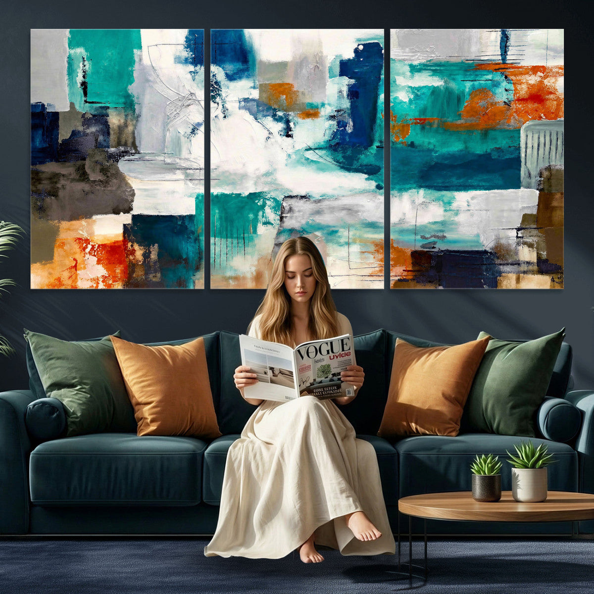 Blue Teal Abstract Canvas Wall Art, Modern Brushstroke Style Print, Navy Orange Contemporary Decor
