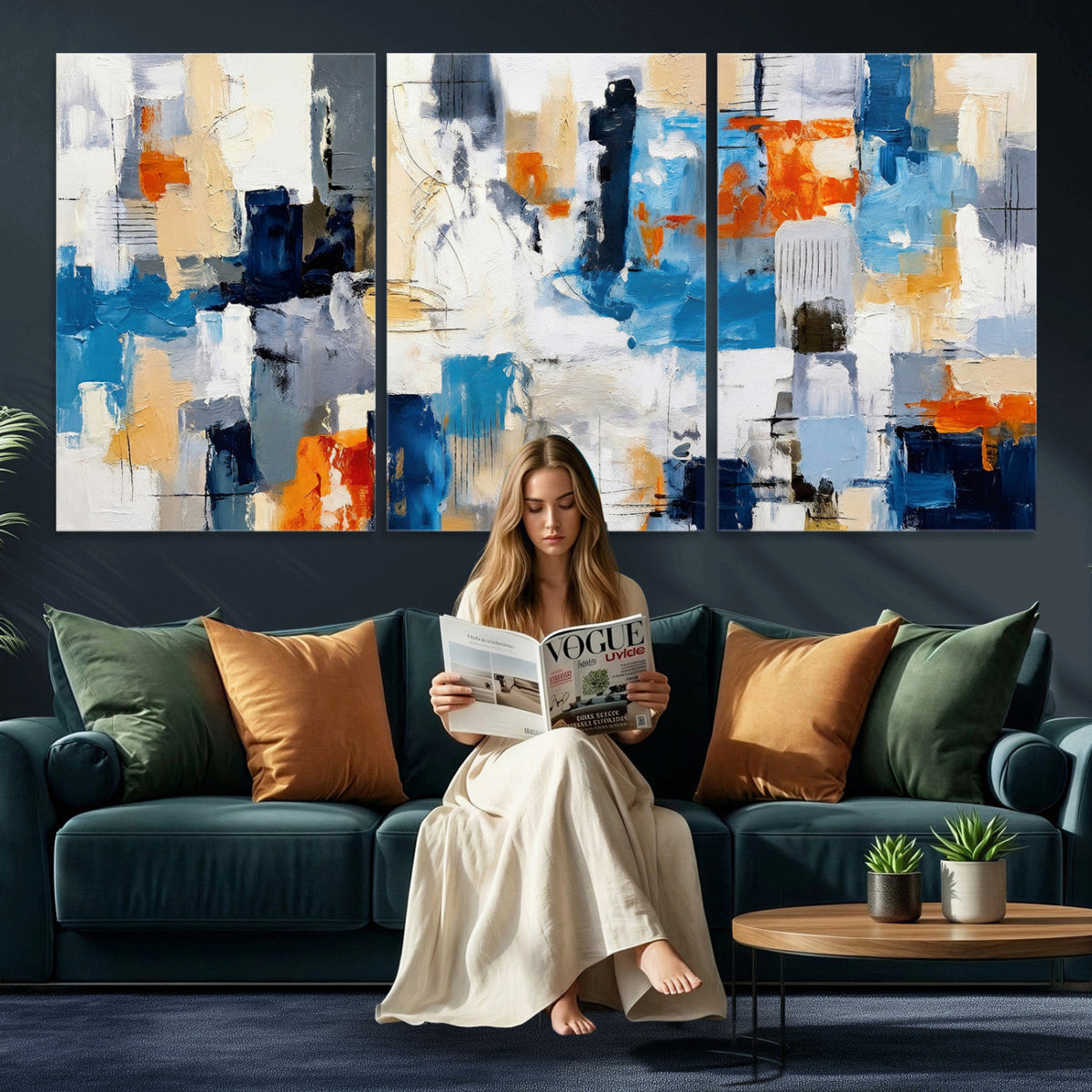 Blue Teal Abstract Canvas Wall Art, Modern Brushstroke Style Painting Print, Navy Orange Contemporary Decor