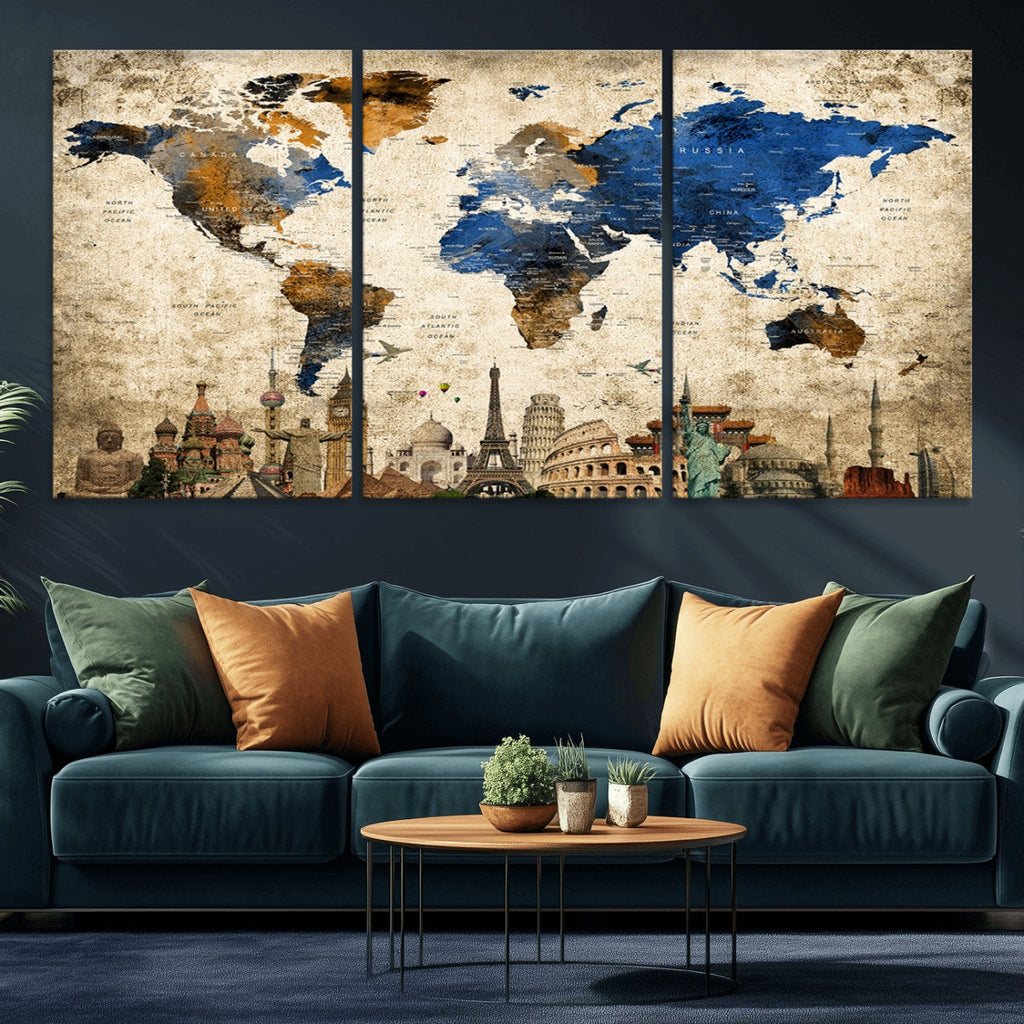 World Map Canvas Print | Vintage Blue and Gold World Map Wall Art
