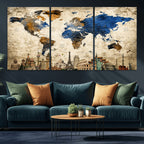 World Map Canvas Print | Vintage Blue and Gold World Map Wall Art