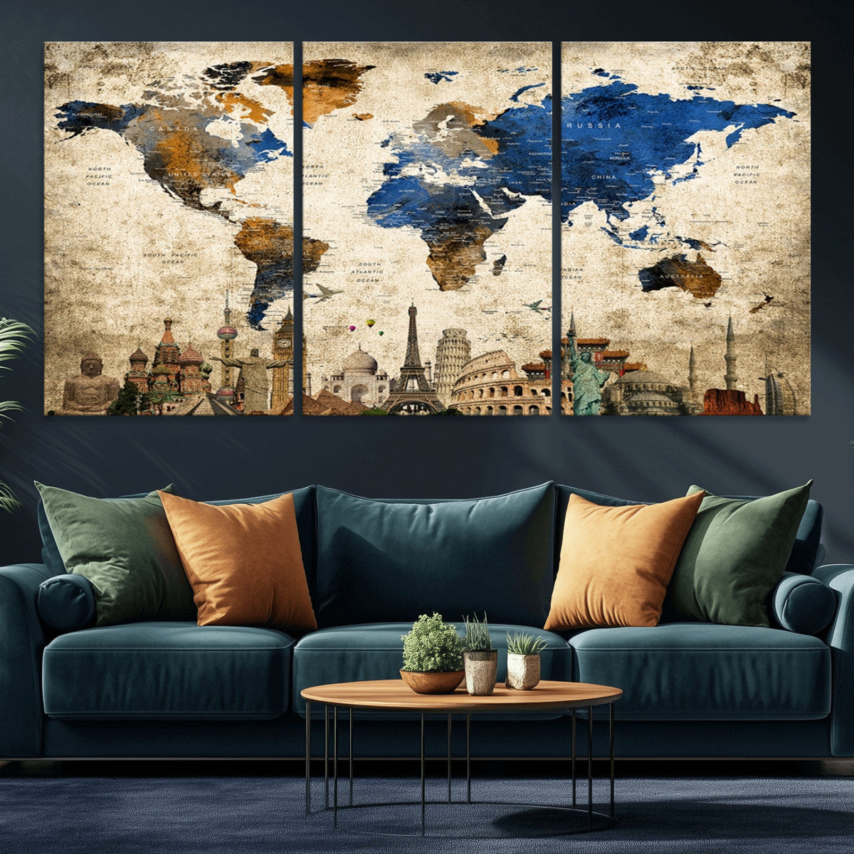 World Map Canvas Print | Vintage Blue and Gold World Map Wall Art