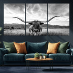 Longhorn Black and White Wall Art | Rustic Western Bull Canvas Print