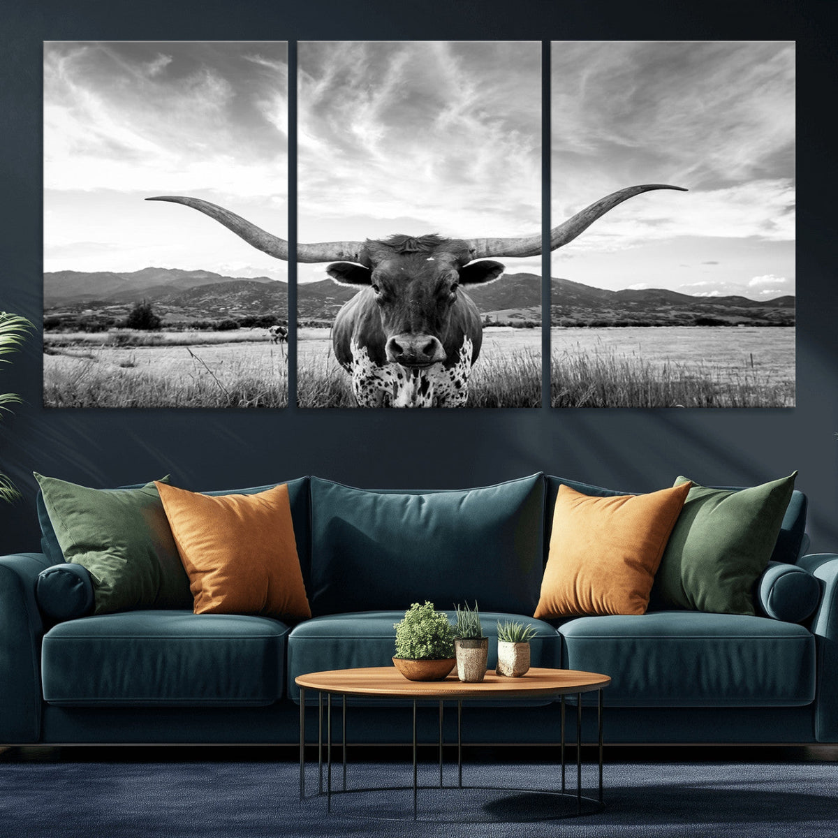 Longhorn Black and White Wall Art | Rustic Western Bull Canvas Print