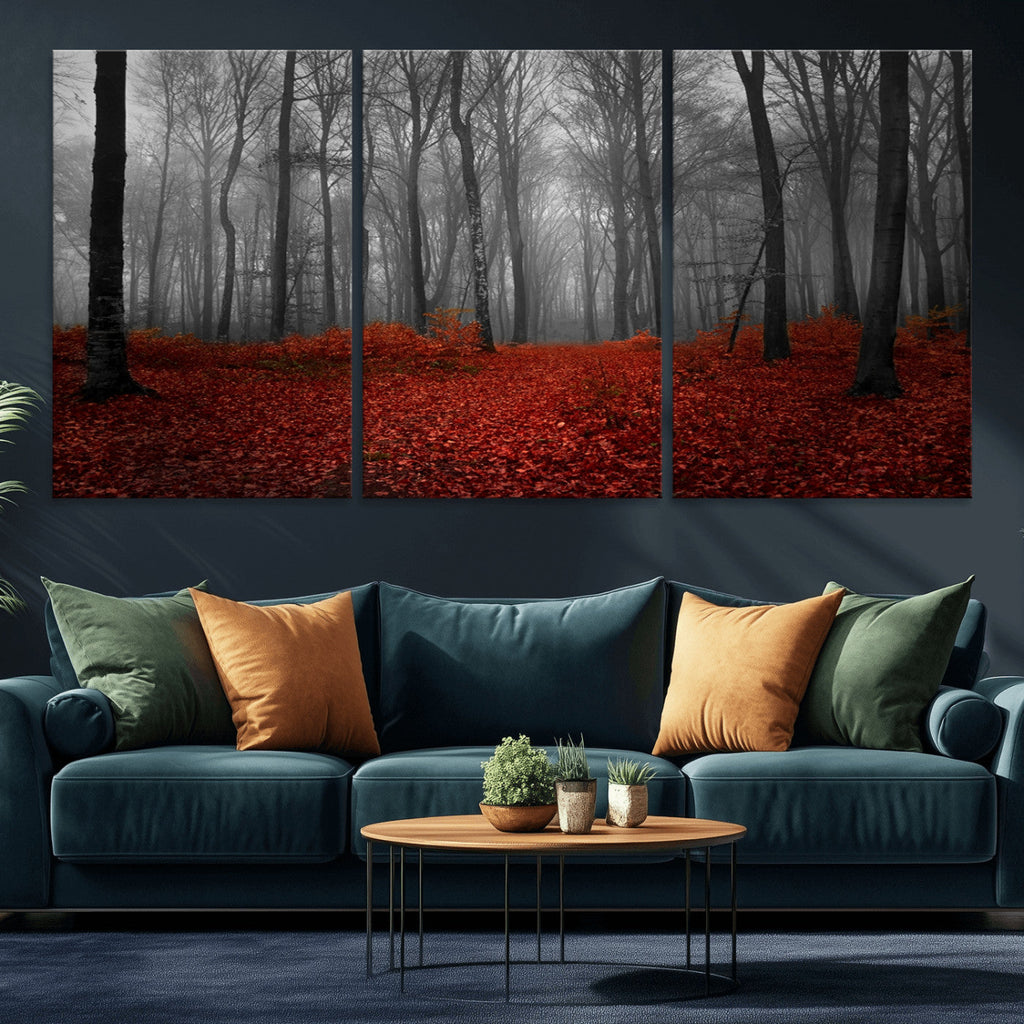 Red Forest Floor Canvas Wall Art | Mystical Foggy Woodland Triptych