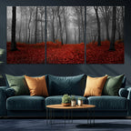 Red Forest Floor Canvas Wall Art | Mystical Foggy Woodland Triptych