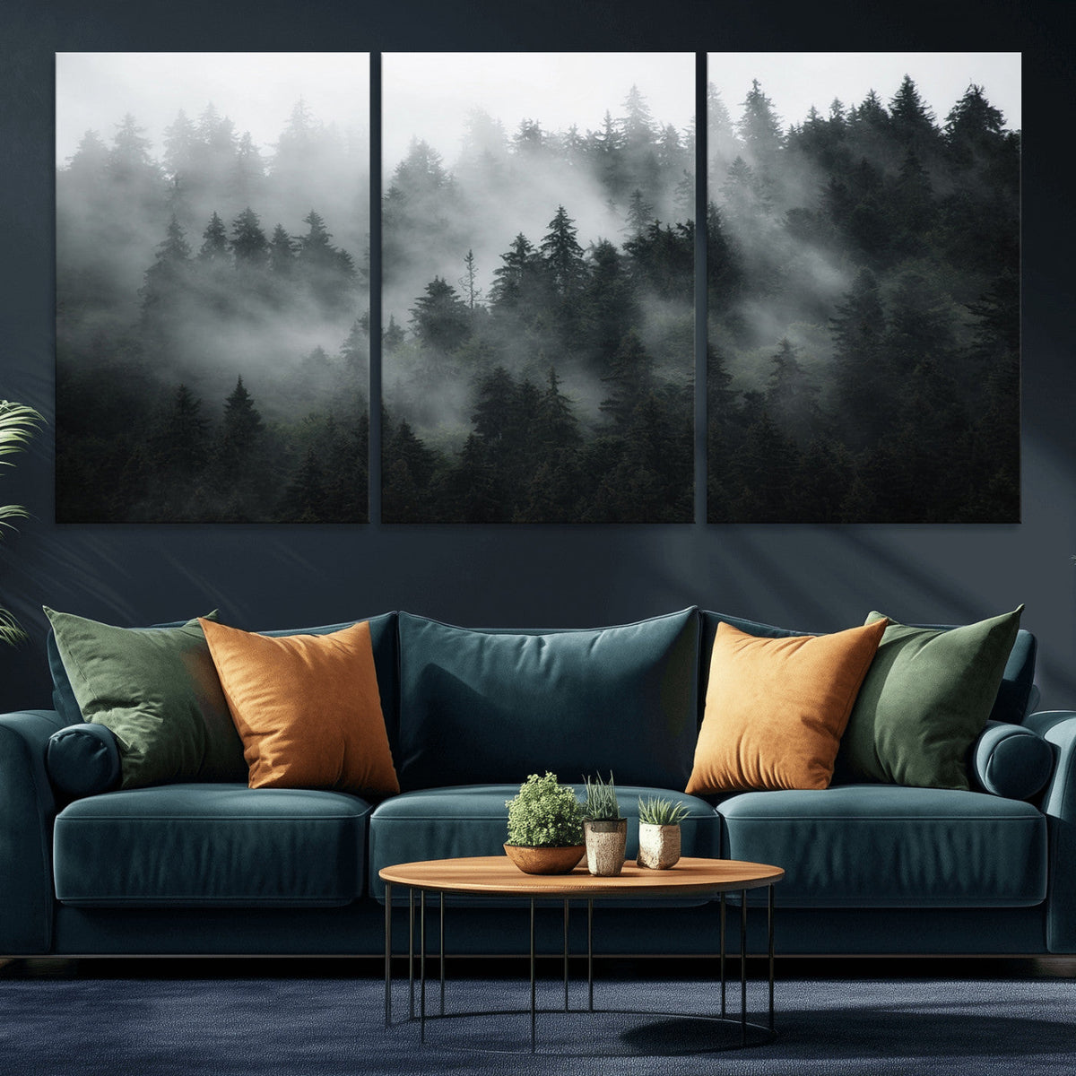 Foggy Forest Wall Art Canvas Print | 3 Panel Large Misty Landscape