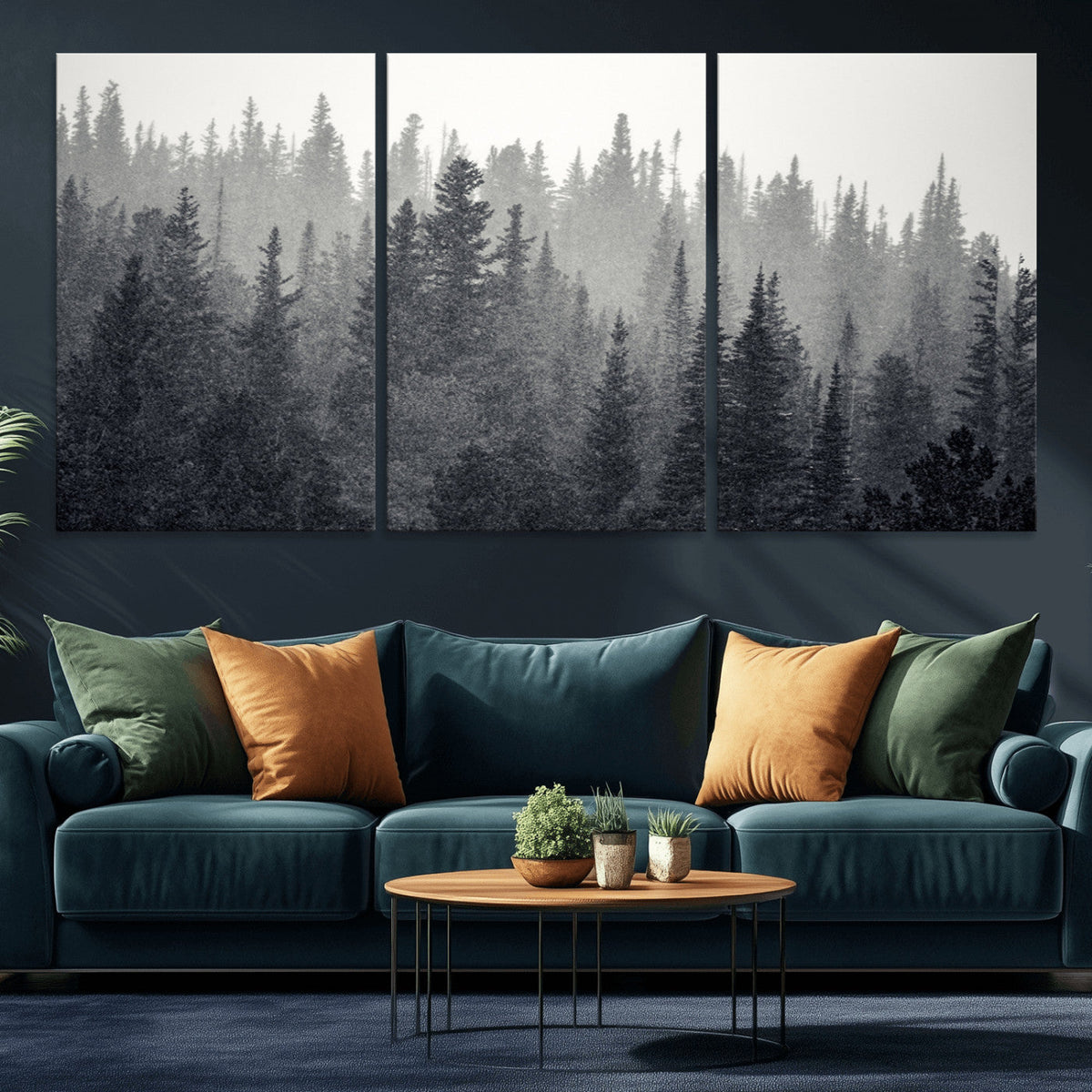 Misty Forest Canvas Wall Art | Monochrome Triptych Pine Tree Print