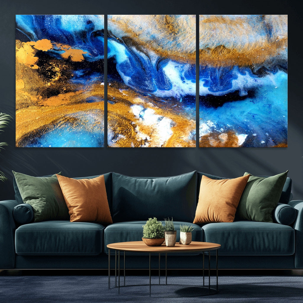 Blue Orange Marble Fluid Effect Canvas Wall Art Print