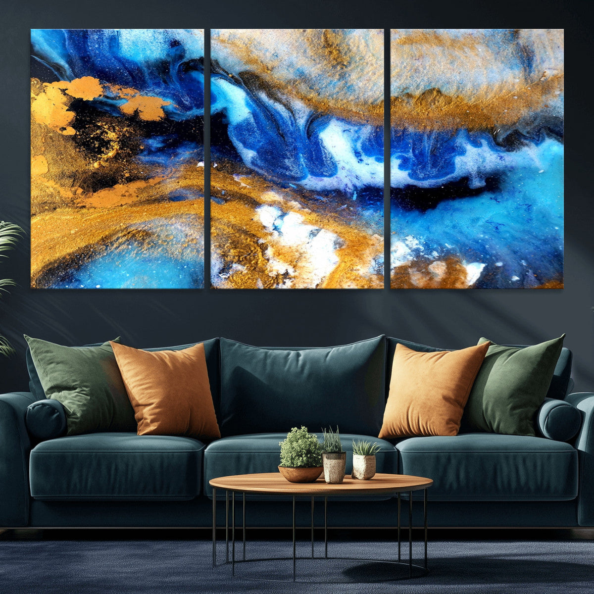 Blue Orange Marble Fluid Effect Canvas Wall Art Print
