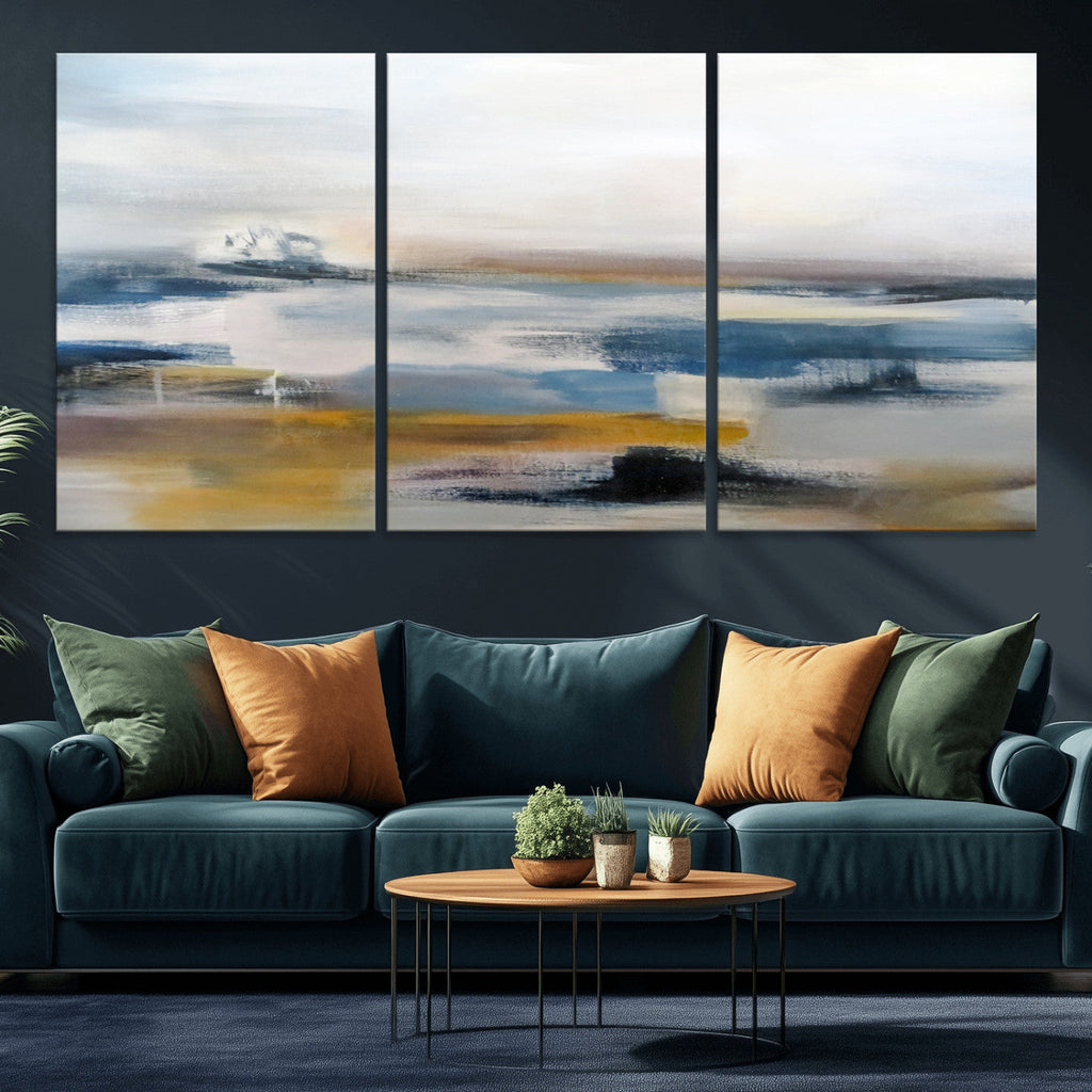 Abstract Landscape Wall Art Canvas | 3 Panel Modern Blue, Gold and White Canvas Art