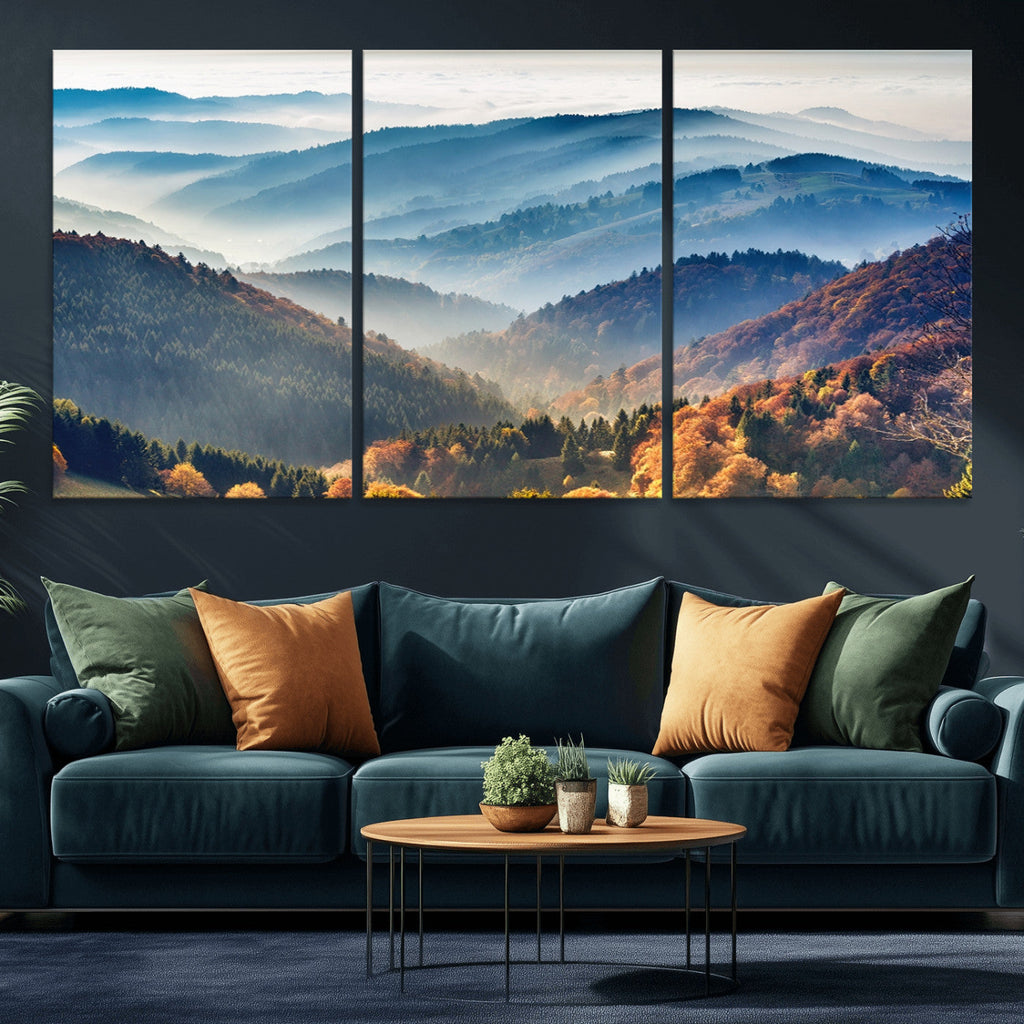 Misty Mountain Sunrise Triptych Canvas Print | Autumn Landscape Wall Art