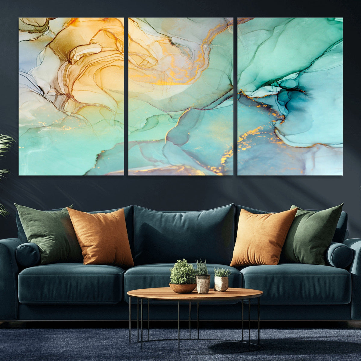 Abstract Aqua and Gold Fluid Wall Art Canvas | 3 Panel Large Canvas Print
