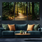 Sunlit Forest Pathway Canvas Print | 3 Panel Large Nature Wall Art