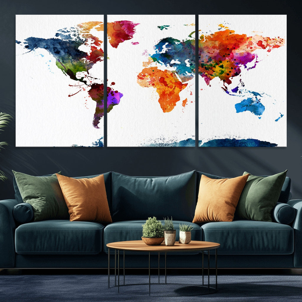 Bold Colorful World Map Canvas Print | Detailed Map of the World Wall Art