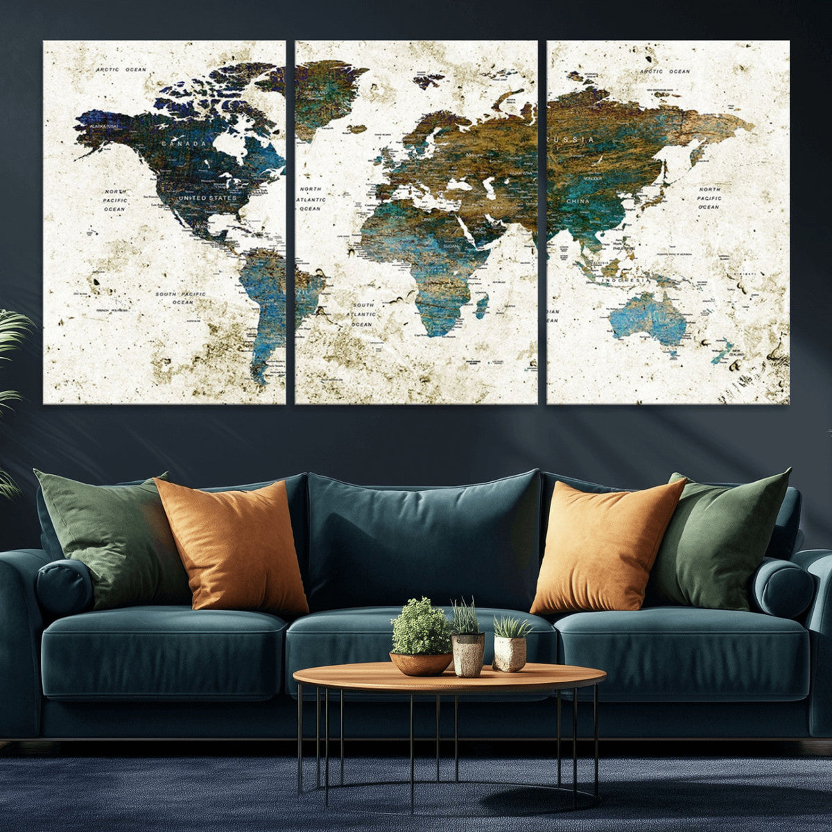 Vintage World Map Wall Art Canvas Print, Framed Rustic Earth Tone Map