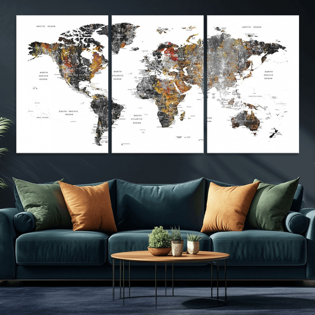 Modern Metallic World Map Canvas Wall Art | Framed Contemporary World Map Print