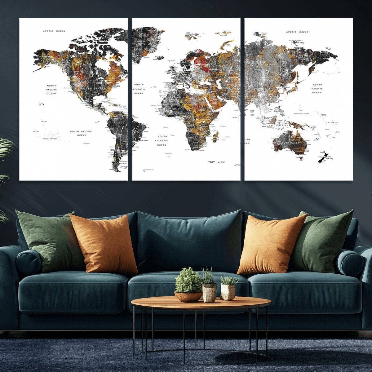 Modern Metallic World Map Canvas Wall Art | Framed Contemporary World Map Print