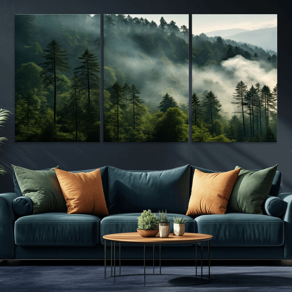 Misty Forest Wall Art Premium Canvas Print, Foggy and Serene Atmosphere