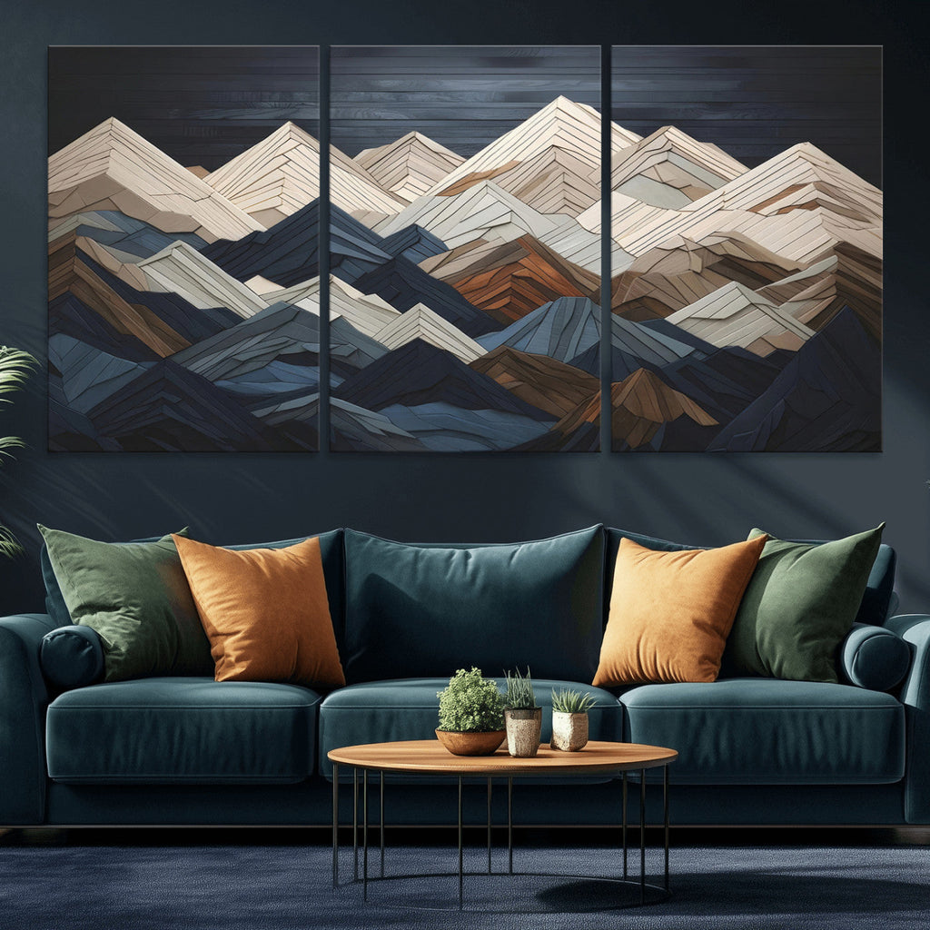Rustic Mountain Landscape Wall Art Canvas Print, Framed 3D Wooden Effect Mountain Art