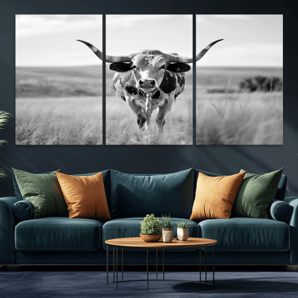 Texas Cow Longhorn Wall Art Canvas Print for Farm House Wall Art, Framed and Ready to Hang