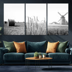 Vintage Farmhouse Black and White Triptych Wall Art, Giclee Canvas with Wheat Fields, Hay Bales and Windmill