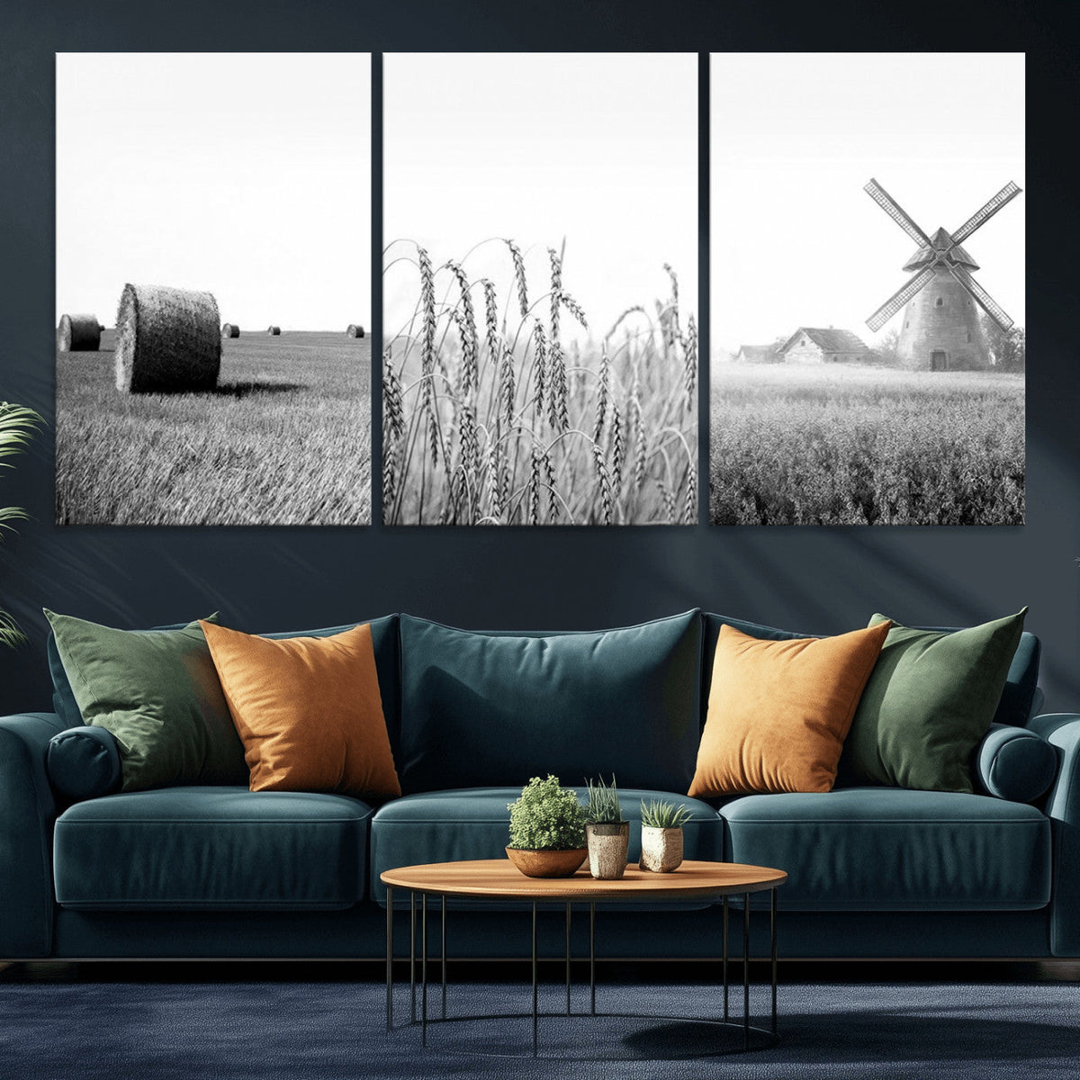 Vintage Farmhouse Black and White Triptych Wall Art, Giclee Canvas with Wheat Fields, Hay Bales and Windmill