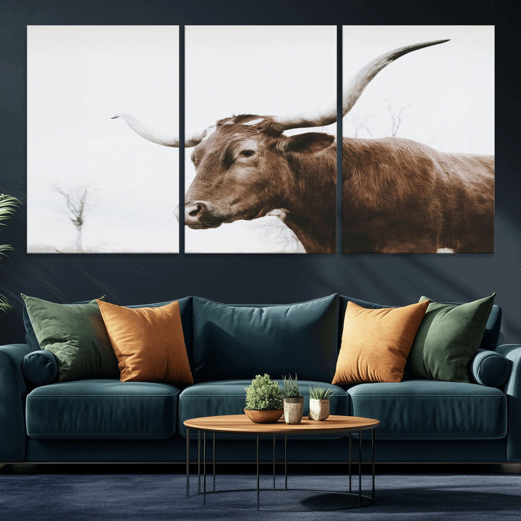 Rustic Bull Wall Art Canvas Print, Modern Longhorn Farmhouse Animal Decor