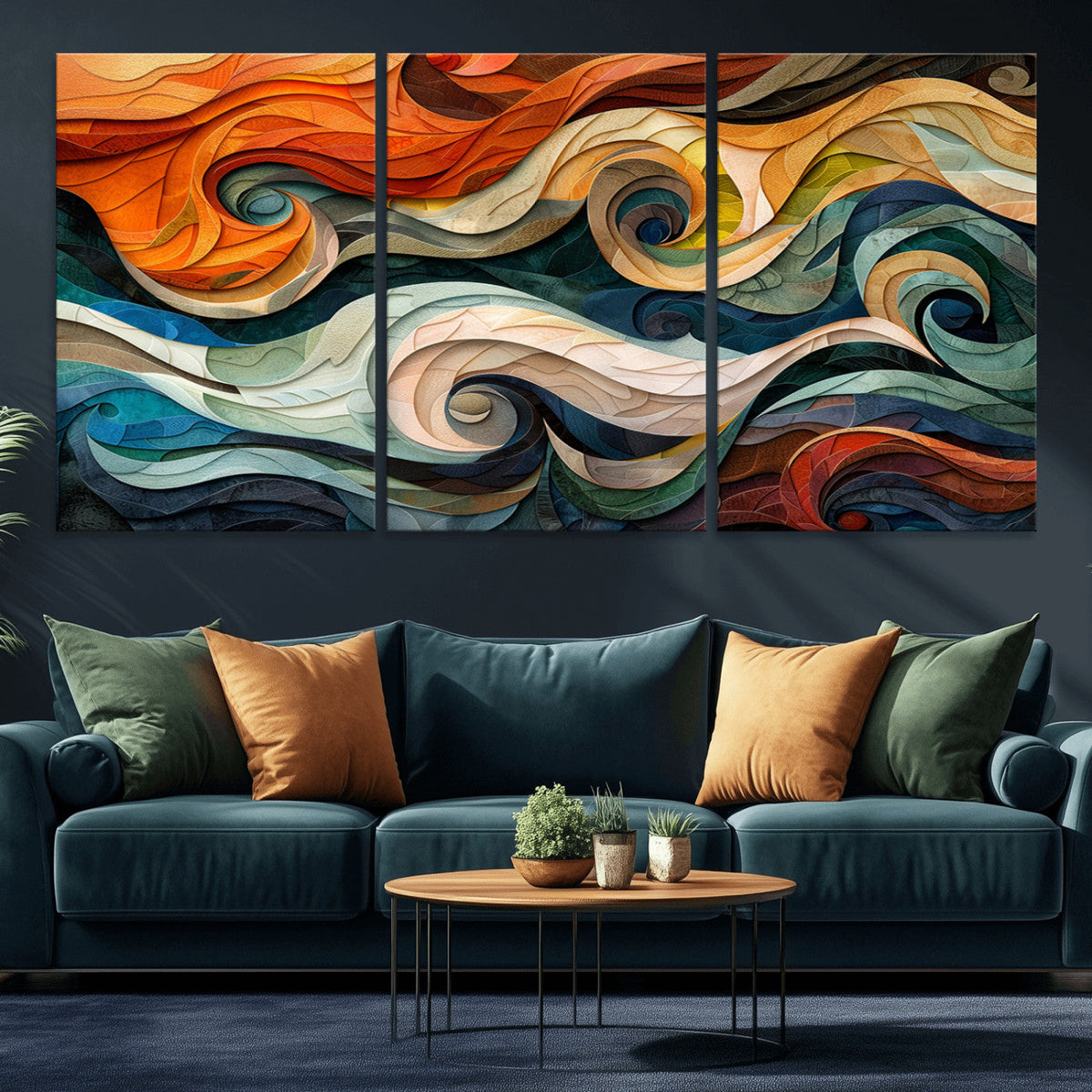 Abstract Wave Wall Art, Ready to Hang Framed Canvas Print | Extra Large 3 Piece Canvas Wall Art