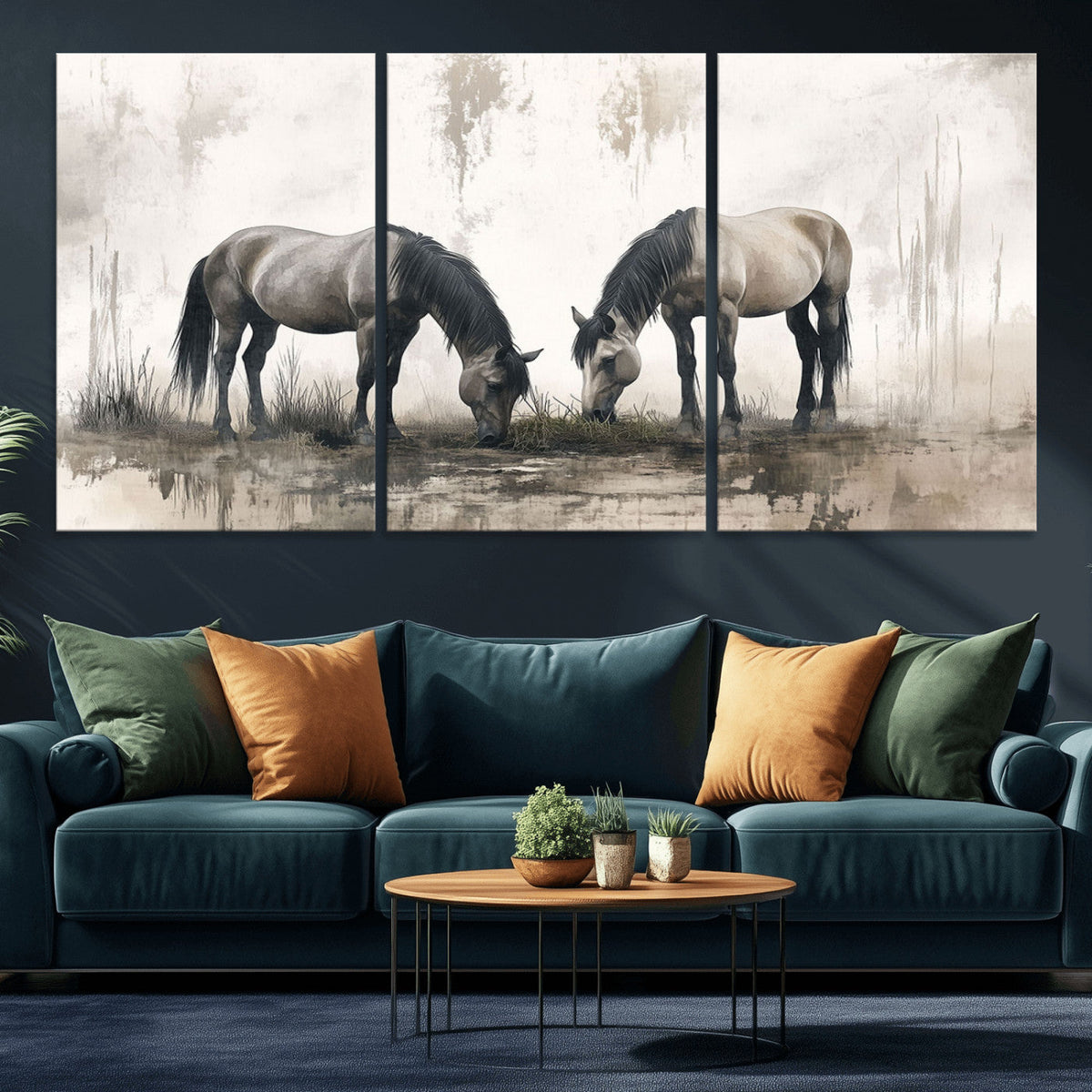 Chinese Ink Style Vintage Horses Wall Art Canvas Print