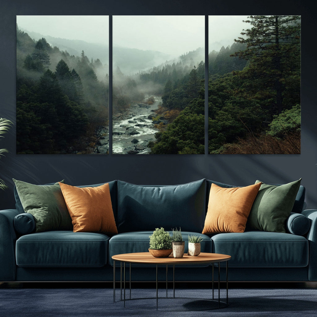 Misty Forest Wall Art, Tranquil Nature Landscape, Ready to Hang | Extra Large 3 Piece Canvas Wall Art