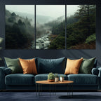 Misty Forest Wall Art, Tranquil Nature Landscape, Ready to Hang | Extra Large 3 Piece Canvas Wall Art