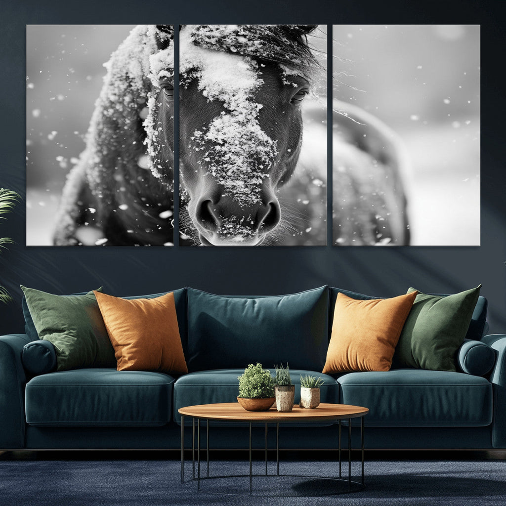 Black and White Horse Winter Wall Art, Ready to Hang
